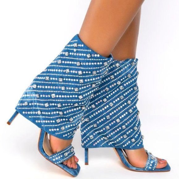 Callie Lives Shoes - Callie Denim Diamond Drape: Bling Rhinestone Covered Stiletto Blue Jean Sandal